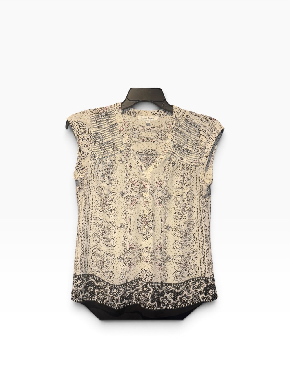Black Rainn Cream and Black Paisley Tie-Front Cap Sleeve Top